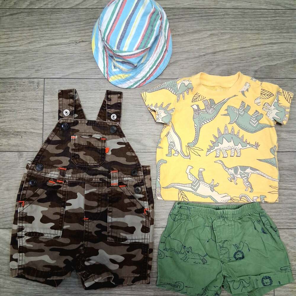 Carter's & Gymboree Baby Boy 4-Piece Outfit Set Camo Overalls Dino Tee Shorts Ha